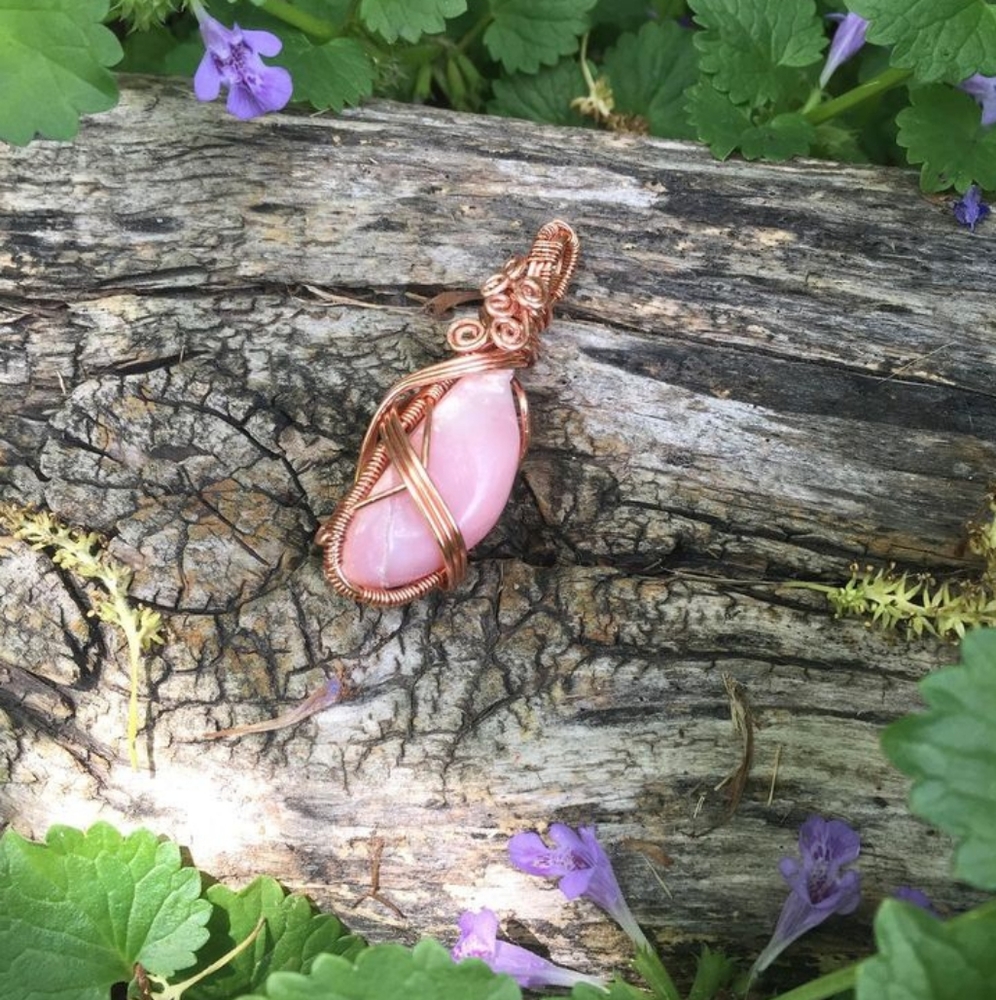 Pink Opal Wrapped in Copper, Handmade